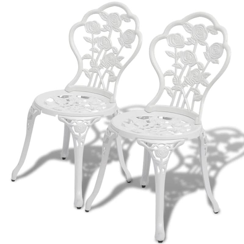 Eleganz Juego de 2 sillas de bistró de aluminio fundido y hierro fundido, sillas de jardín blancas para terraza y balcón, resistentes a la intemperie y duraderas, cómodos asientos para exteriores