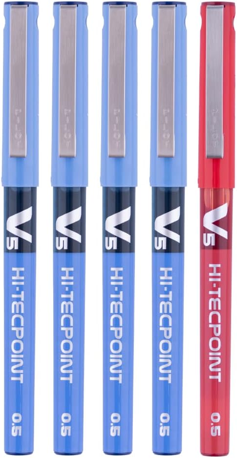Pilot Hi-Tecpoint V5 0.5mm Extra Fine Point Pure Liquid Ink Roller Ball Pen | Pack Of 5 (4 Blue + 1 Red)