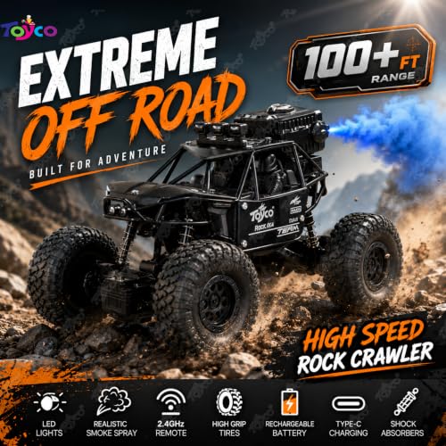 Image of toyco Rechargeable Remote Control Car Toy - Alloy Rock Crawler with LED Smoke Effect and Anti-Slip Tyres| 1:18 Scale | Off-Road RC 2WD Monster Truck Gift for Kids Boys and Girls Age 4-12+ (Black)