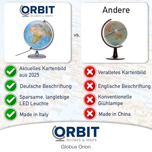 ORBIT GLOBES & MAPS - Leuchtglobus - 30cm Globus mit stabilem Standfuß, Kartenbild 2025 physikalisch/politisch mit LED Leuchte, Aktuelles deutsches Kartenbild, Schülerglobus