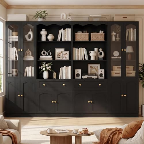 Cyclysio 80" Tall Bookcase Set with Glass Doors & Drawers - 4 Set Black Bookcases with Adjustable Shelves for Living Room, Flush to Wall Design, Home Library, Display & Organization