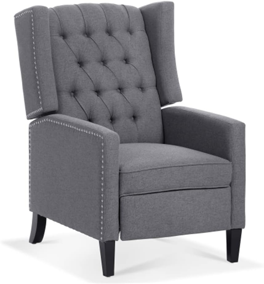 Arm Pushing Recliner Chair, Modern Button Tufted Wingback Manual Push Back Recliner Chair with Nailhead Trim & Wood Legs, Upholstered Living Room Chair Single Reclining Sofa Home Theater Seating Grey