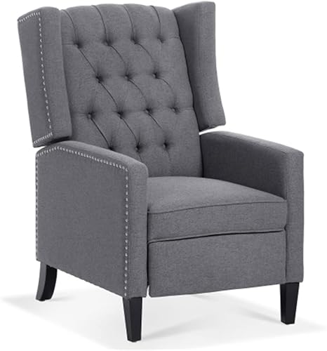 Miniatura 13 de Silla reclinable con brazos, moderna con botones copetudos, respaldo manual, con ribete de cabeza de clavo y patas de madera, silla tapizada para