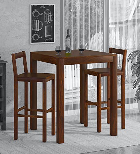 Image of Wooden Bar Dining Table and Chair /Solid Sheesham Wood Bar Table for Balcony with 2 Chairs (Solid Sheesham Wood, 2 Seater, Teak Finish)