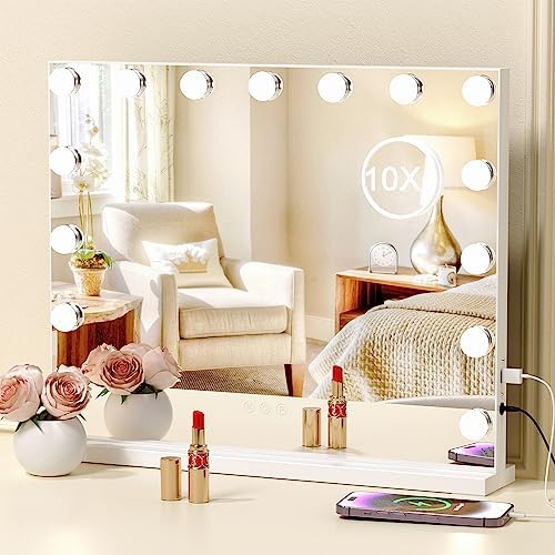 Linkthai Vanity Mirror with Lights, Hollywood Makeup Mirror with 15 Dimmable LED Bulbs, Large Lighted Mirror with 10X Magnification 3 Modes Light Touch Sensor and USB Port, Tabletop or Wall-Mounted