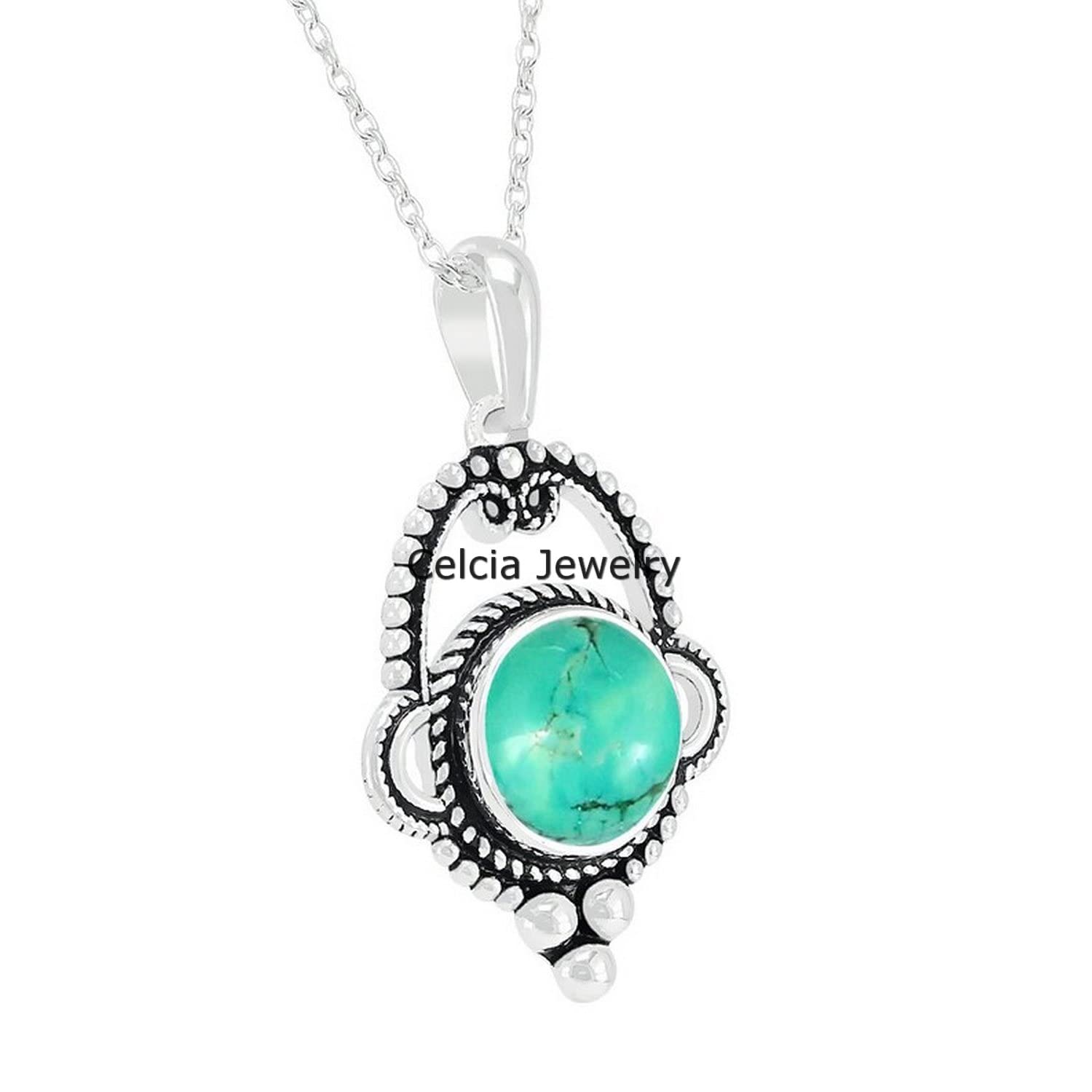 Collana in argento sterling massiccio 925 per donna, pietra preziosa blu turchese rotonda genuina, regalo unico fatto a mano con pietra natale di dicembre per lei