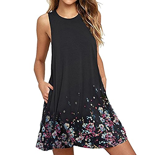 Vestidos de Mujer, ASHOP Vestido Verano 2019 Sin Mangas Casual Ajustados T-Shirt Vestido Coctel Fiesta Largo Dress Floral Impreso Boho Playa Falda Elegantes en Oferta (XXL, Negro)