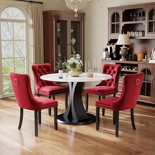 Image of 5-Piece Dining Table Set with 39In Faux Marble Table and 4 Velvet Upholstered Chairs, Modern Scandinavian Furniture for Dining Room Kitchen(Burgundy)