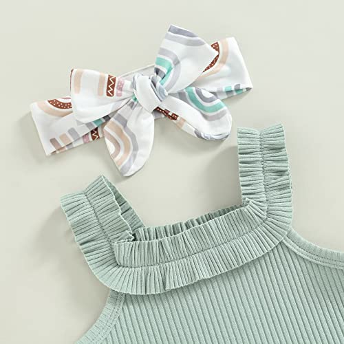 Newborn Baby Girl Summer Outfits Ribbed Sleeveless Romper Bodysuit Top And Ruffle Shorts Headband Clothes Sets (Green Rainbow, 12-18 Months) #TOP4
