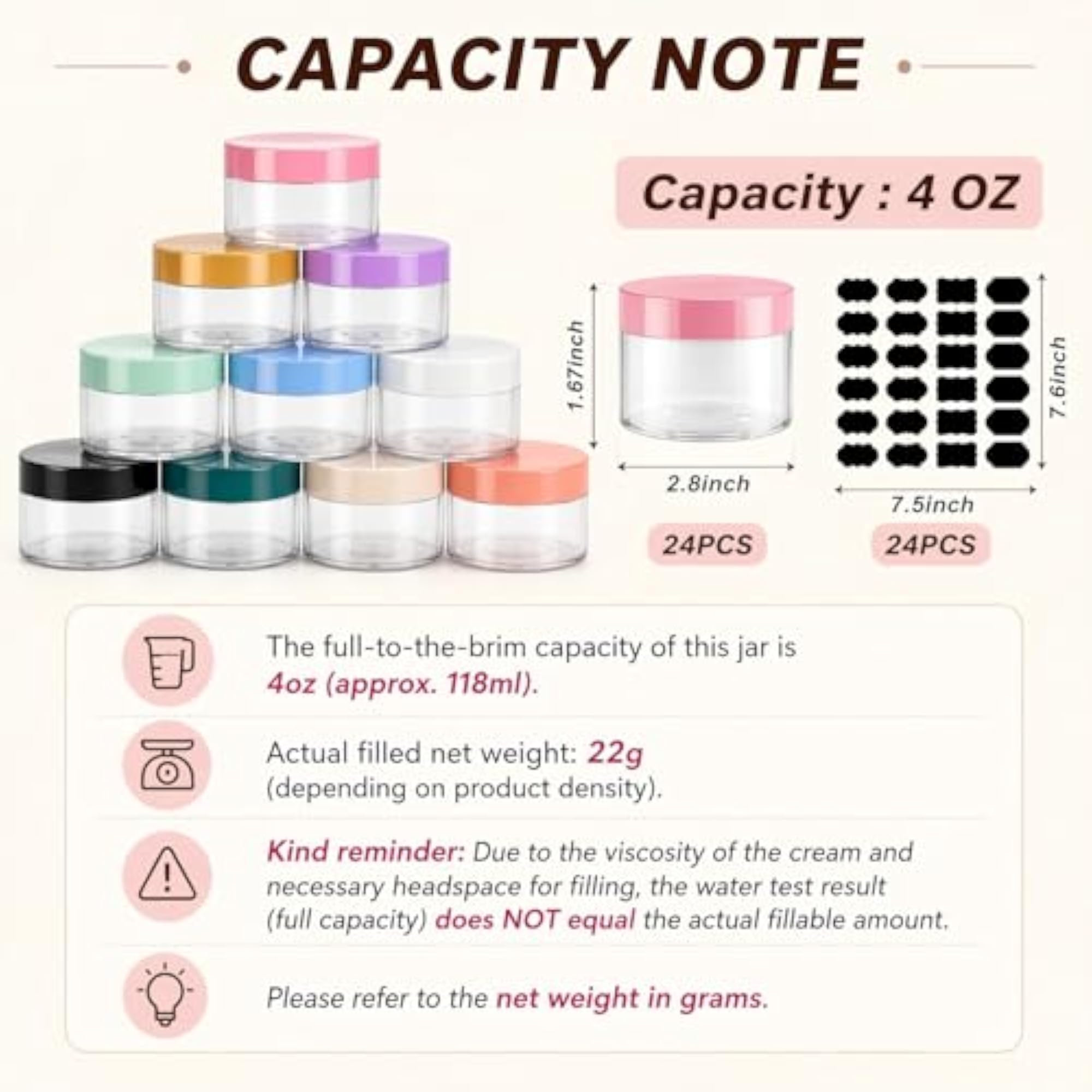 24 x 4oz Plastic Jars with Lid and Label