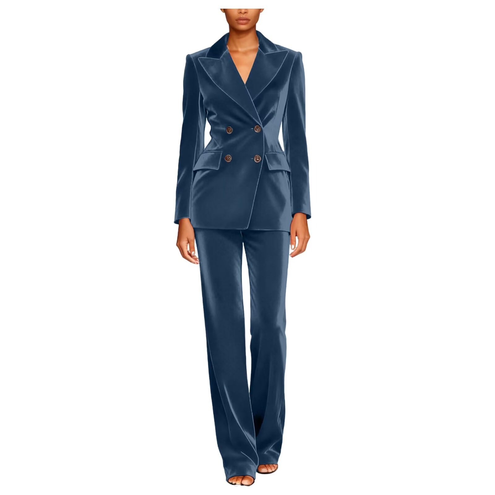 Womens Velvet Pants Suit Set 2 Piece Double Breasted Blazer and Wide Leg Pants Velvet Suit for Women