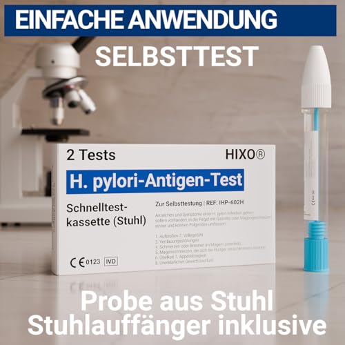 2x Helicobacter pylori Selbsttest – H. pylori Antigen-Schnelltest für Stuhlprobe – Ergebnis in 10 Minuten – Test auf Magenbakterien, Magengeschwür & Gastritis – 1x Selbsttest für Zuhause