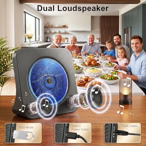 Image of Gueray CD Player Portable Bluetooth Desktop CD Player for Home with Timer Built-in HiFi Speakers with LCD Screen Display Boombox FM Radio USB Type-c (Light Black)