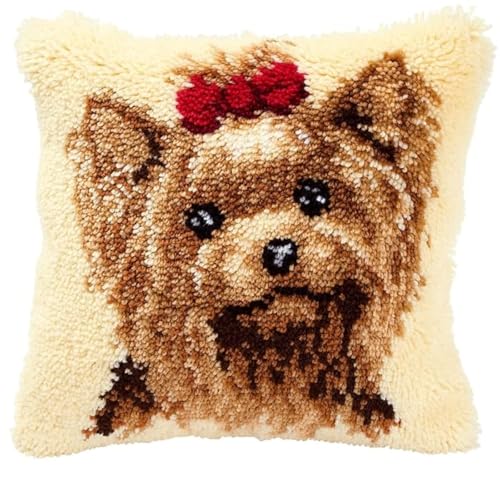 Image of Yorkshire Terrier Latch Hook Kits Pillow Crochet Yarn Rug Pre-Printed Cushion Embroidery Needlework Pillowcase Hook and Latch Kit Home Sofa Decoration 43x43cm