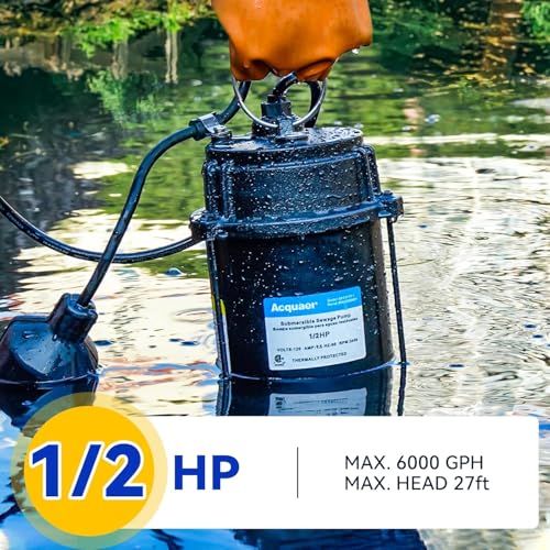 Image of Acquaer 1 /2HP Submersible Sewage /Effluent Pump, 6000 GPH, Cast Iron, Automatic Tethered Float Switch, 115V Sump Pump for Sump Basin, Residential Sewage, Basement, 2'' NPT Discharge