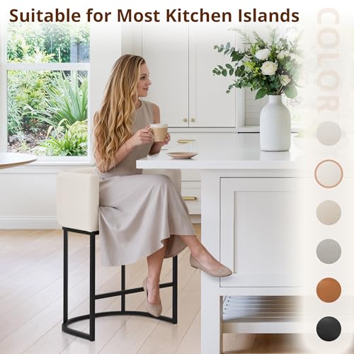 Image of LUE BONA Counter Height Bar Stools Set of 6, Modern Barrel Counter Stools with Backrest and Arms, Black Metal Frames, Linen Fabric Upholstered Accent Barstools for Kitchen Island, Beige