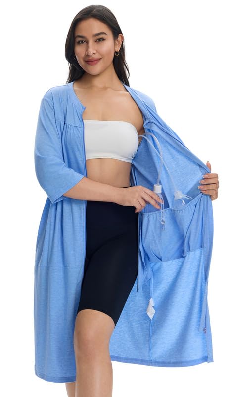 Women’s Post Surgery Robe & Hospital Gown with Zipper, Drain & Side Pockets, Mastectomy Recovery Pajamas & Gift