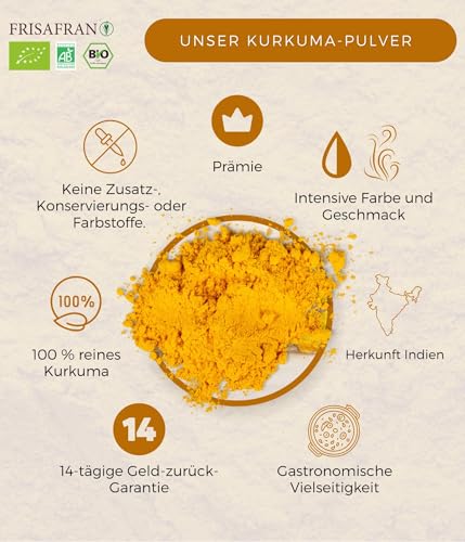 FRISAFRAN | BIO Kurkuma Pulver | Gelbwurz gemahlen | 40g | Hochwertige Kurkumawurzel aus Indien | Kurkuma Bio | Golden Kurkuma | Kurkuma Achterhof Pulver | Kurkuma Gewürz | Kurkuma | Natürlich bio