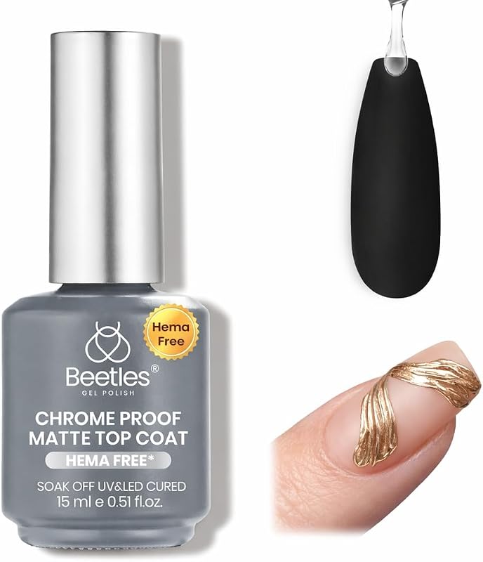 Beetles Chrome-Proof Matte Top Coat, HEMA-Free No-Wipe UV Gel | Top Coat for Chrome Nail Powder, Powder-Resist Matte Finish for Isolated & Detail Nail Art