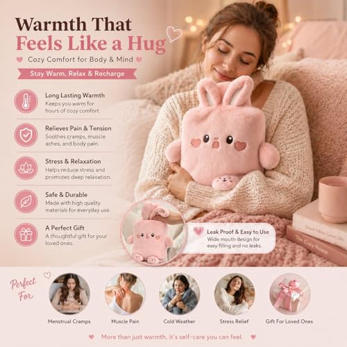 Image of Rabbit Hot Water Bottle with Soft Plush Cover 1 Litre Classic Silicone Bag for Pain Relief, Period Cramps, Hand & Feet Warmer, Leak-Proof Hot & Cold Therapy with Cute Removable Bunny Sleeve