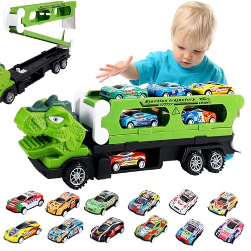 Kit de transport dinosaure 2 en 1 avec 12 voitures jouets en métal, circuit de course portable pour enfants, camion de transport et circuit de course, cadeau...