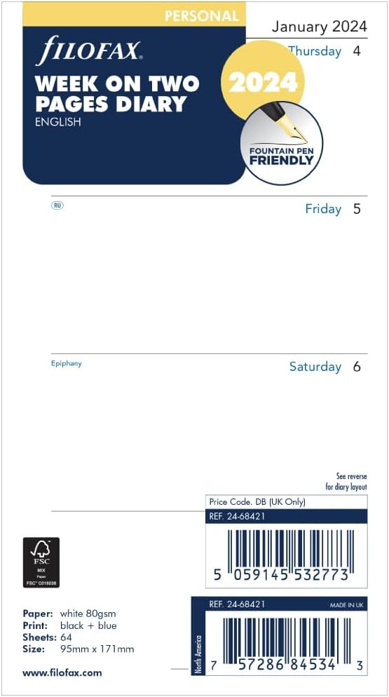 Filofax Personal Week on two pages English 2024 diary,White