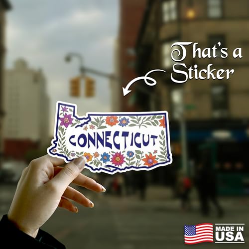 Image of Connecticut State Sticker 5 Inch USA Map Vinyl Decal Waterproof Floral Connecticut Sticker for Car Bumper Laptop Truck Window Wall American State Pride