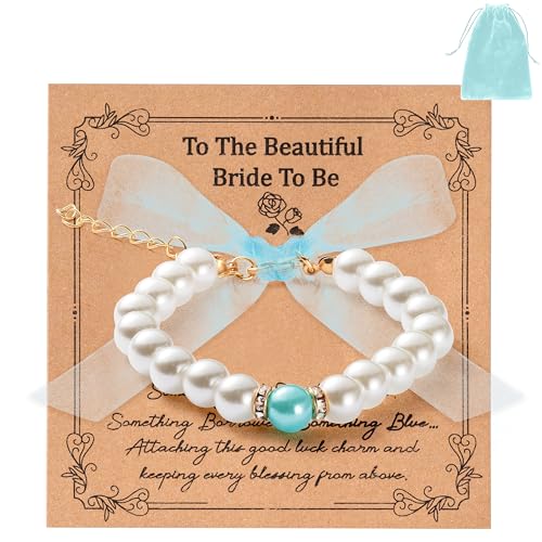 Y1tvei White + Blue Bride Bracelet - Something Blue Gift for Bride Bridal Shower Wedding Party Favors Pearl Bead Bracelet with Ribbon Bow Adjustable Chain Jewelry Accessory Proposal Gifts for Women