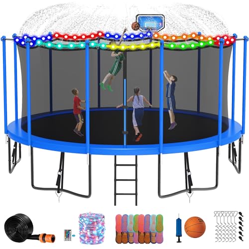 DeepRoar Tranpoline for Kids and Adults, 1500LBS 16FT 15FT 14FT 12FT 10FT 8FT Tranpoline with Basketball Hoop, Safety Enclosure Net, Heavy Duty Tranpoline with Light, Sprinkler, Socks, ASTM Approved