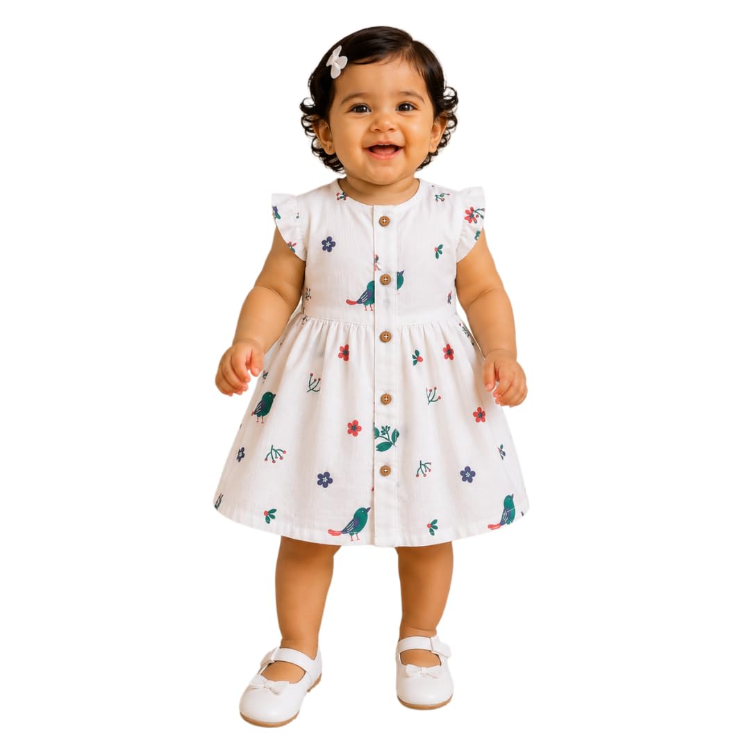Baby Girls Organic Muslin Frock, Ruffle Sleeves, Round Neck, Front Button Opening with Cute Prints-image-9