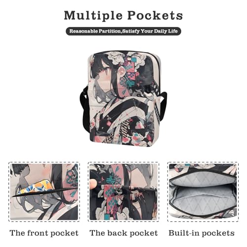 Anime Samurai Maid Sling Bag Zipper Closure Compact Crossbody Bags with Card Phone Passport Compartment for Women Men 6.6×9.4×2.5 inches2