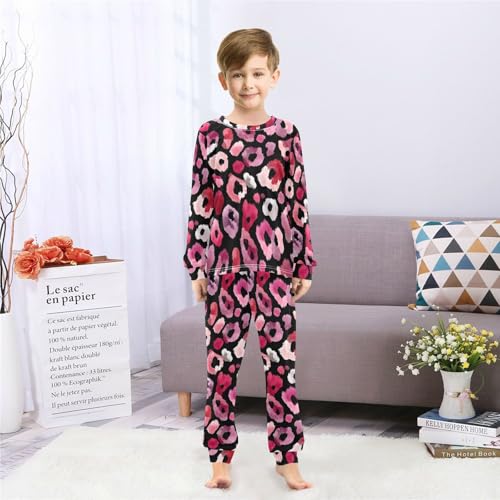 Pink Leopard Print Wildlife Soft Pajama Set for All Seasons,Breathable Pjs Long Sleeve Sleepwear,Comfy Loungewear 2 Piece Underwear Set 6T4