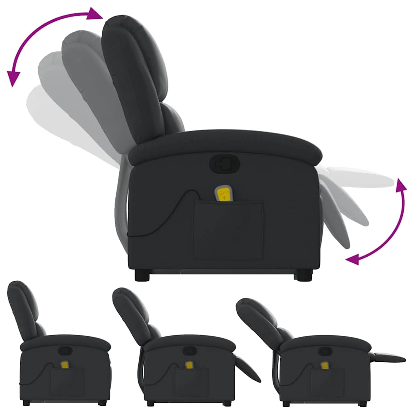 Sillón de masaje con ayuda eléctrica para levantarse | Masaje vibratorio 100% piel de vacuno, negro, 71 x 144,5 x 82 cm (posición tumbada), para personas mayores