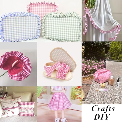 Gingham Ruffle Pleated Lace Trim 1.67" x5yd Gathered Gingham Ribbon Fabric Edge Trimming for Home Decor Merch (Pink) - Thumbnail 5