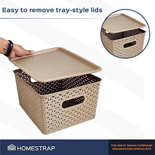 Image of Homestrap Set Of 3 Plastic Storage Organizers /Baskets With Lid For Kitchen, Clothes, Multipurpose Vegetables, Toys, Books, Office, Stationery, Wardrobe(Large| Biscuit, Rectangular)