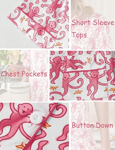 Amiernap Pajamas Set for Women Short Sleeve Button Down Sleepwear Monkey Print Pjs Summer Pajama Soft 2 Piece Lounge Sets Red — view 4
