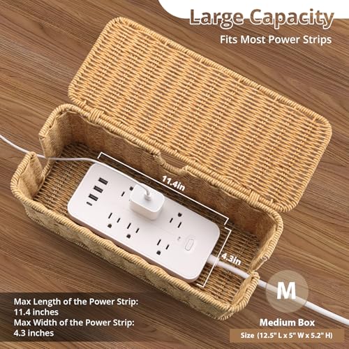 Image of 2Pack Large Cable Management Box, Handwoven Imitation Rattan Cord Organizer | Handwoven imitation rattan cord hider box conceals power strips and cables for a clean desk or floor setup