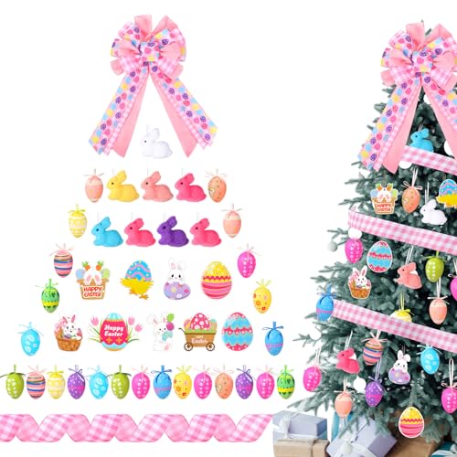 Halfchet Juego de 43 adornos de árbol de Pascua, huevos de Pascua, conejo, tarjetas de papel, adornos con lazo y cinta para decoraciones colgantes de árbol de fiesta