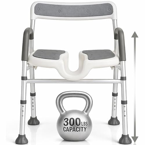 Vive Shower Chair for Elderly & Disabled - Handicap Bath Chair with Arms & U-Shape - Foldable, Adjustable Height - Padded Soaking w/Back & Drain Hole - Portable, Non-Slip, Safe Disability Aid