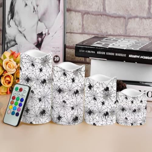 Image of Halloween Spider Web Print Flameless Candles Set of 4 | Flameless Candles with Remote Control Flickering LED Candles with Timer for Halloween Party Patio Celebration Accents