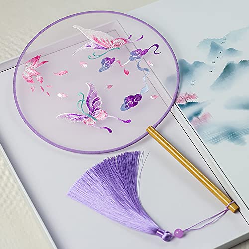 YUELAI Chinese Embroidery Hand Fan (Violet Dancing Butterflies) Hand Fan Folded Hand Fan Ancient Fan Summer Female Chinese Style Hanfu Cheongsam Costume Embroidery Small Fan