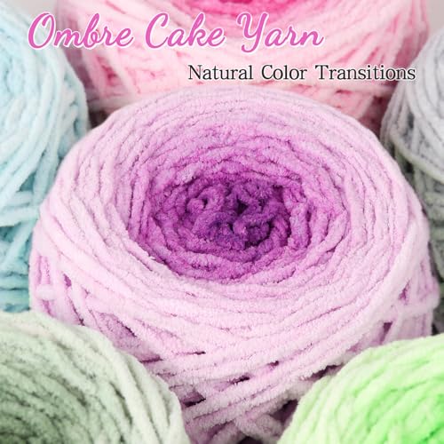 Image of Katech Ombre Cnenille Yarn for Crocheting-2 Pcs of 285g /10oz-6 Super Bulky | Fluffy Velvet Blanket Yarn for Knitting, Soft Fuzzy Phasing Cake Yarns for Baby Blanket, Throw Pillow, Plushies, Hat(Purple)