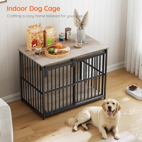 HOOBRO Dog Crate Furniture, 36.6" Heavy Duty Dog Kennel with Sliding Barn Door, Wooden Dog Cage Indoor, Decorative Side End Table for Small/Medium Dogs, Greige and Black GY162GW03G1 - Image 5