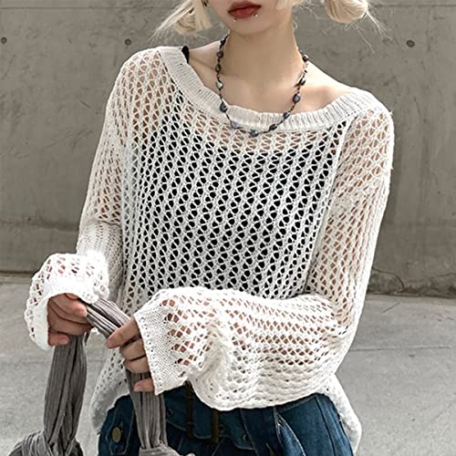 Women Knit Crochet Hollow Out Fishnet Top Long Sleeve See Through Mesh Shirt Sexy Club Streetwear4
