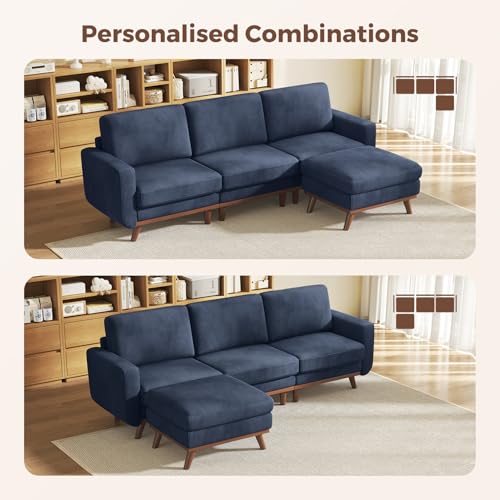 Image of Vesgantti 97 inch Modular Sectional Sofa Dark Blue, L-Shaped Couch with Movable Ottoman, Comfy Corduroy Couch with Spring Cushion, Modular Sofa with Deep Seat for Living Room, Bedroom and Apartment