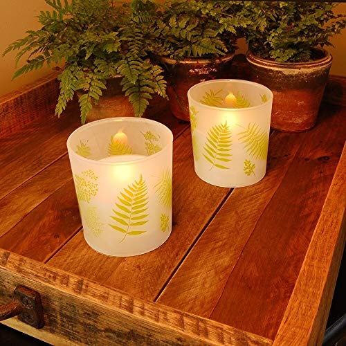 Image of LumaBase Battery Operated LED Glass Candles with Flickering Flame, Ferns - Set of 2