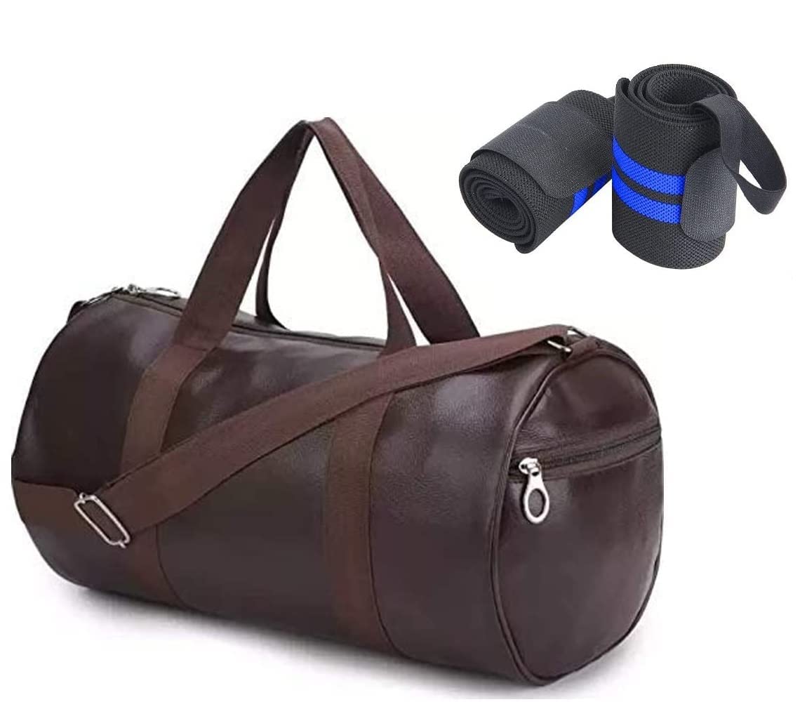 Rainox Combo Pack Of Pu-Leather Gym Bag Gym Duffel Bag With Shoulder Strap For Men's & Women's With Blue Wrist Support Band For Exercise, 23 Cm-image-45