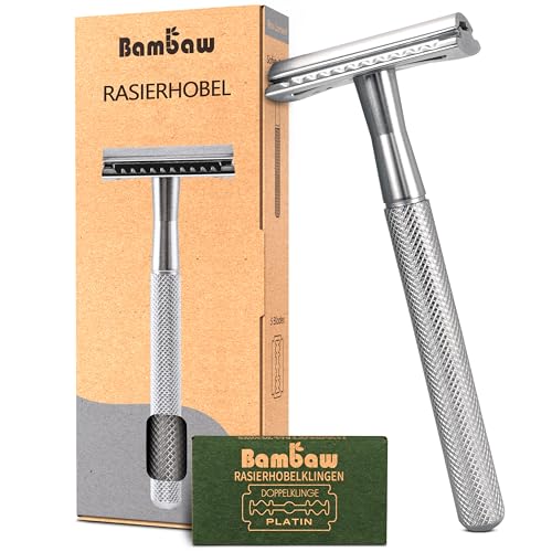 Bambaw Rasierhobel Herren mit 5 Rasierklingen | Rasierhobel Metall | Hobel Rasierer Herren und Damen | Eco Rasierer Metall | Rasierhobel Rostfrei | Safety Razor | Silber