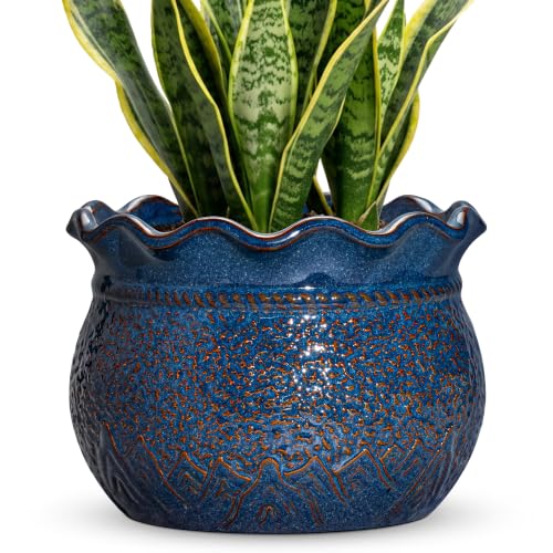 Fivepot Ceramic Pots for Plants, 10 Inch Planter with Drainage, Retro Blue