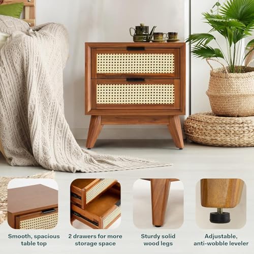 Image of Solid Sheesham Wood Bedside Table Fully Assembled-Mid Century Modern Wooden Nightstand Side End Table with 2 Drawers-Multipurpose Use for Bedroom Living Room- Dark Chocolate